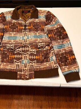 Rock & Roll Patterned Quarter-Zip Jacket - Brown with Teal & Orange Accents (SMA